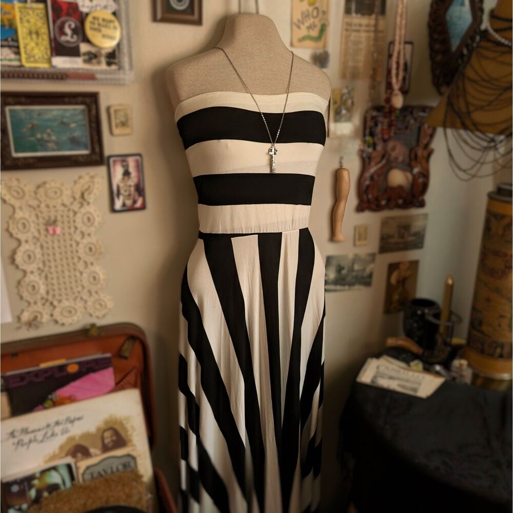 Striped Convertible Maxi Dress Women's Small Black White